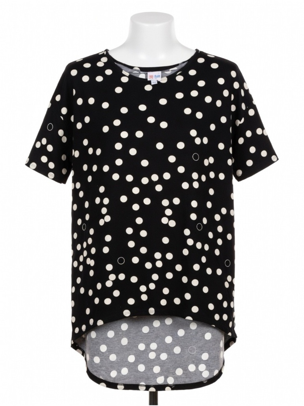 LuLaRoe Black Short Sleeve Polka Dot Top Hi Lo Tunic Irma Sz Large